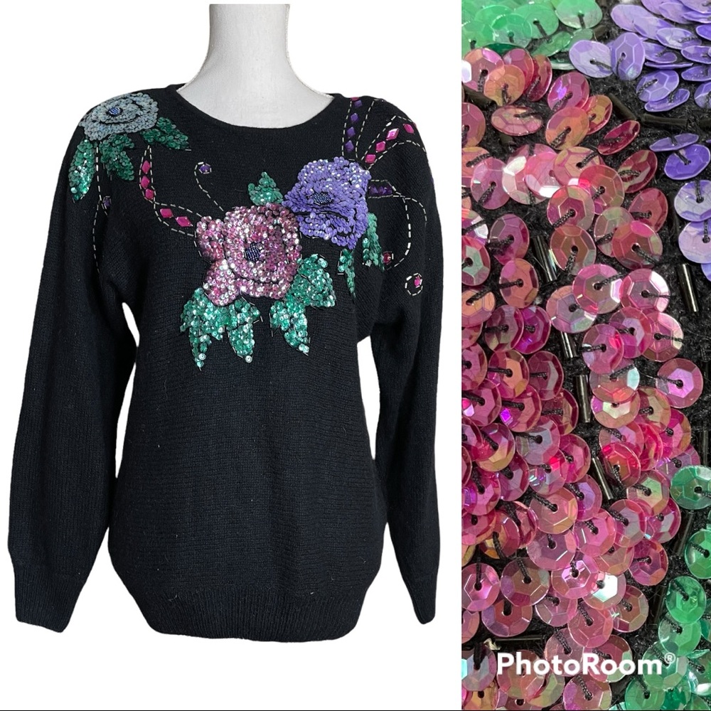 Silk Angora Floral Sequin Beaded Jeweled Sweater S